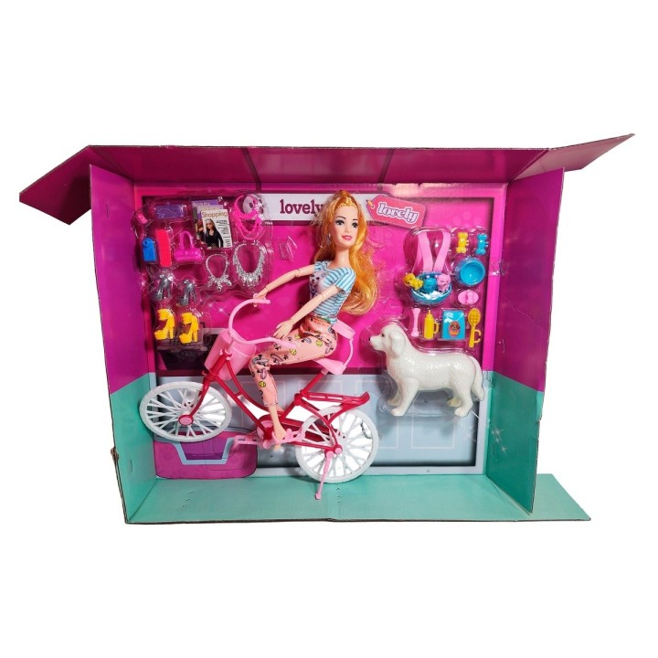 Muñeca En Bicicleta Juguete Niñas + Mascota Y Accesorios
