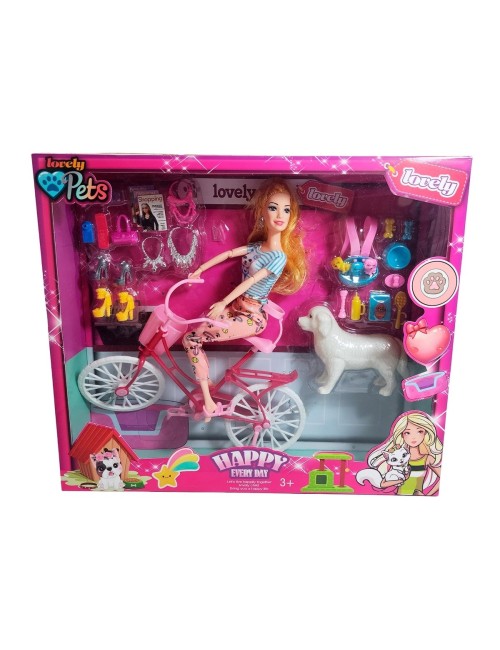 Muñeca En Bicicleta Juguete Niñas + Mascota Y Accesorios