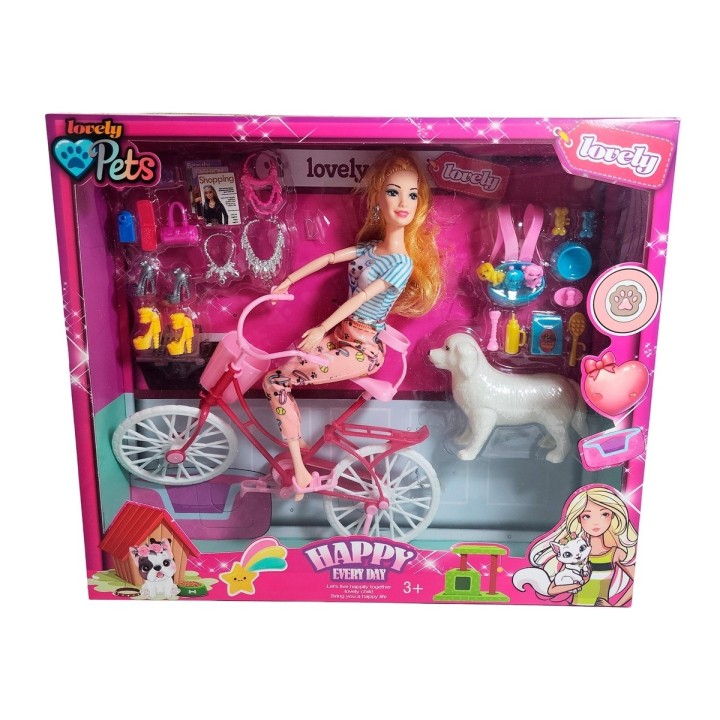 Muñeca En Bicicleta Juguete Niñas + Mascota Y Accesorios