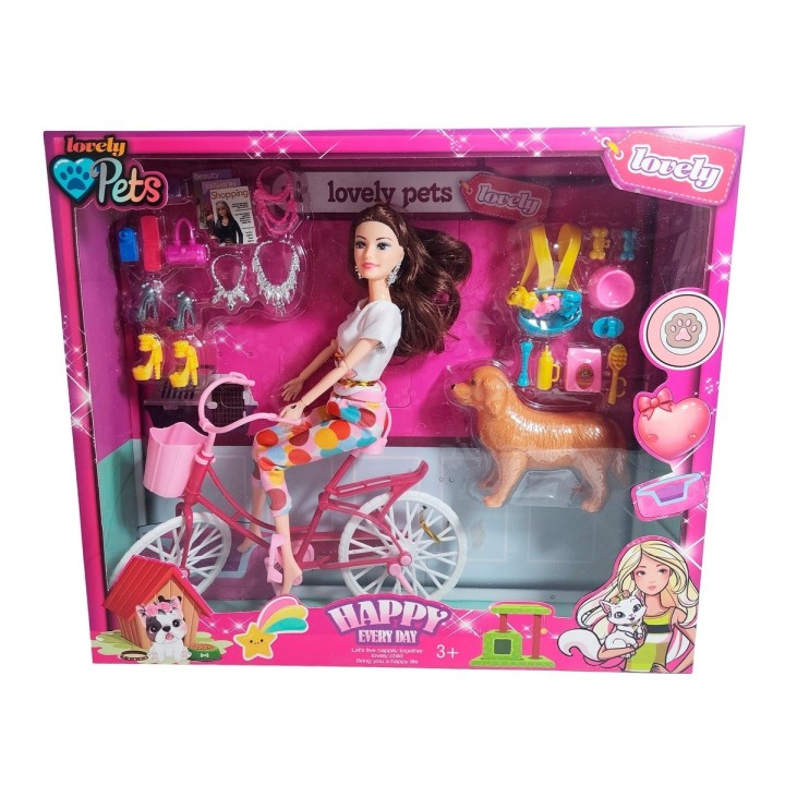 Muñeca En Bicicleta Juguete Niñas + Mascota Y Accesorios