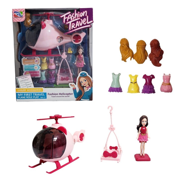 Muñeca Personalizable Con Vestidos Y Cabello + Helicoptero