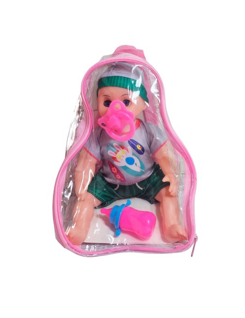 Muñeca Con Vestido Figura Bebe Tetero En Bolso Juguete Niñas