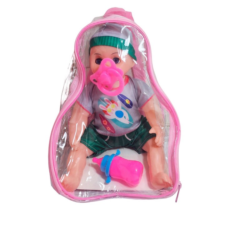Muñeca Con Vestido Figura Bebe Tetero En Bolso Juguete Niñas
