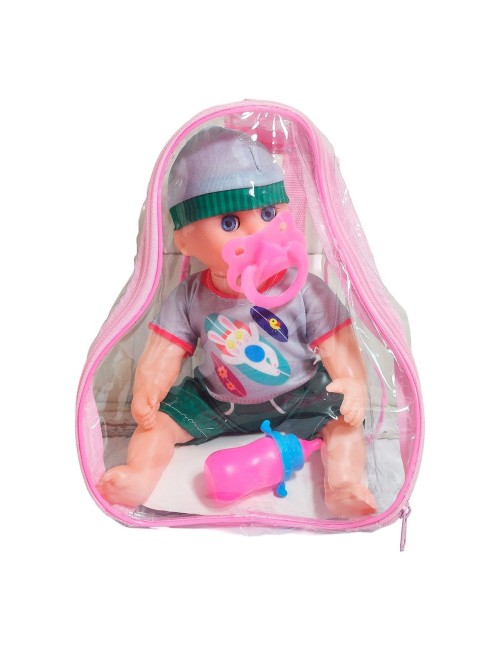 Muñeca Con Vestido Figura Bebe Tetero En Bolso Juguete Niñas