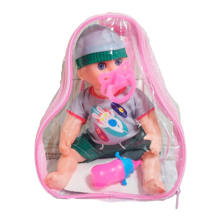 Muñeca Con Vestido Figura Bebe Tetero En Bolso Juguete Niñas