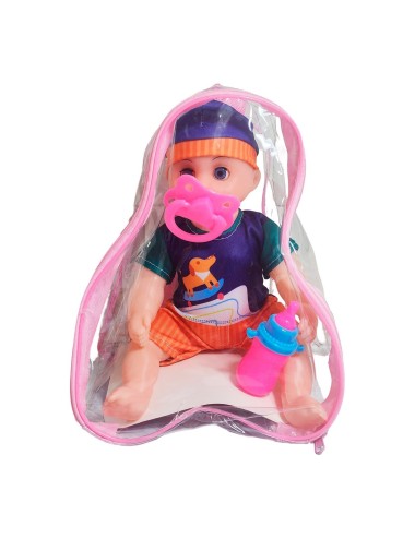 Muñeca Con Vestido Figura Bebe Tetero En Bolso Juguete Niñas