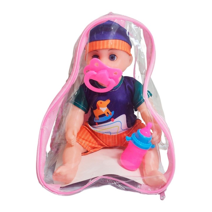 Muñeca Con Vestido Figura Bebe Tetero En Bolso Juguete Niñas