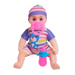 Muñeca Con Vestido Raya Bebe Tetero En Bolso Juguete Niñas
