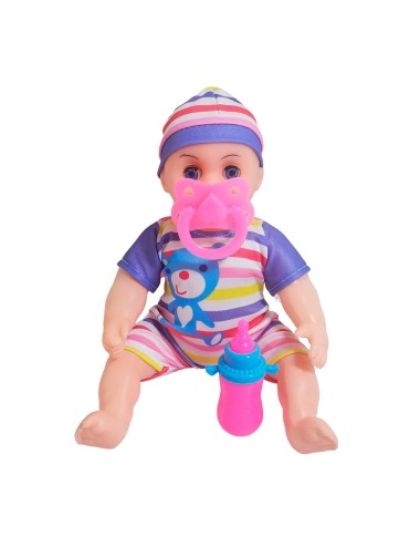 Muñeca Con Vestido Raya Bebe Tetero En Bolso Juguete Niñas