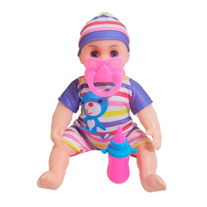 Muñeca Con Vestido Raya Bebe Tetero En Bolso Juguete Niñas