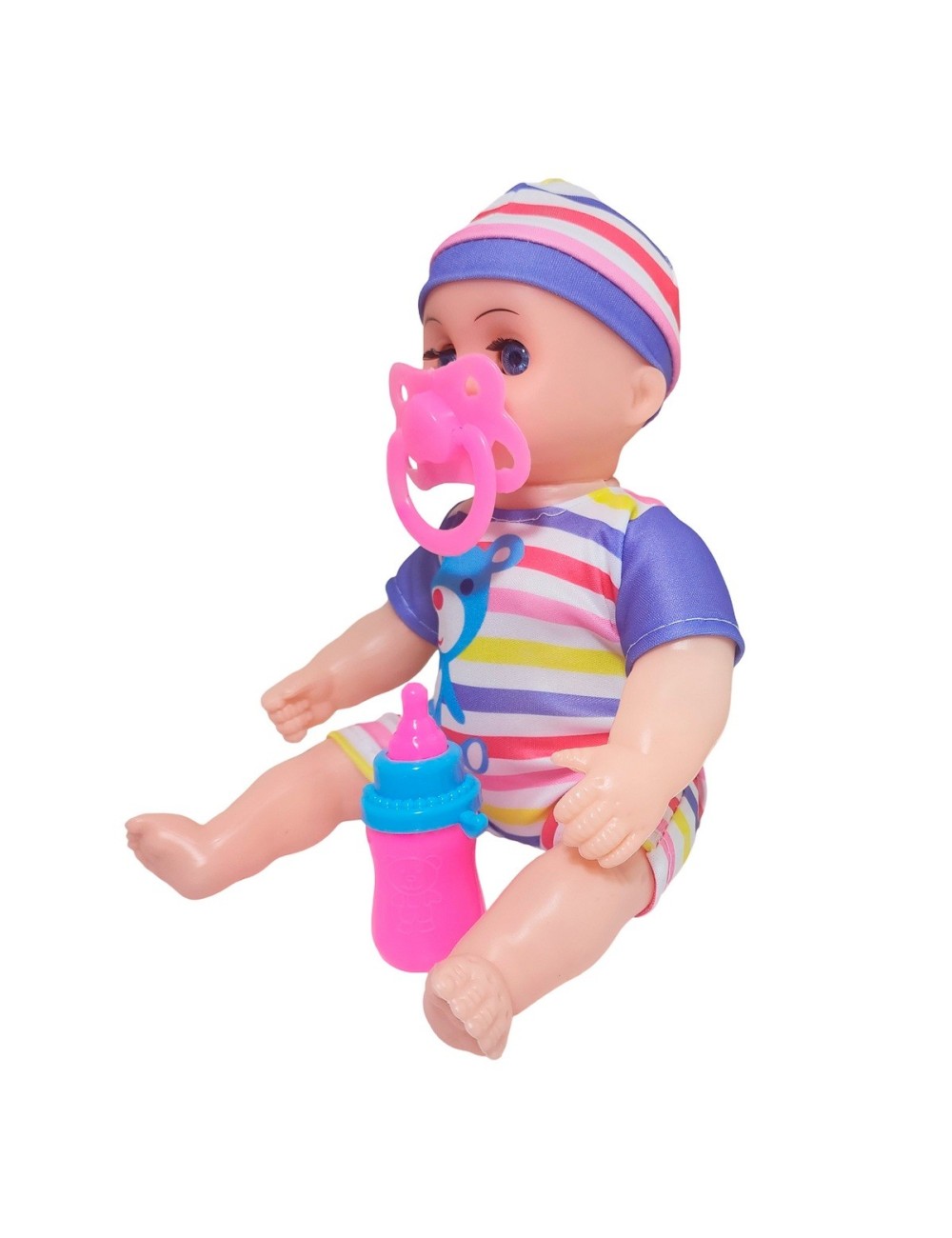 Muñeca Con Vestido Raya Bebe Tetero En Bolso Juguete Niñas