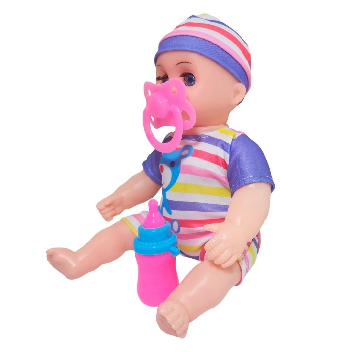 Muñeca Con Vestido Raya Bebe Tetero En Bolso Juguete Niñas