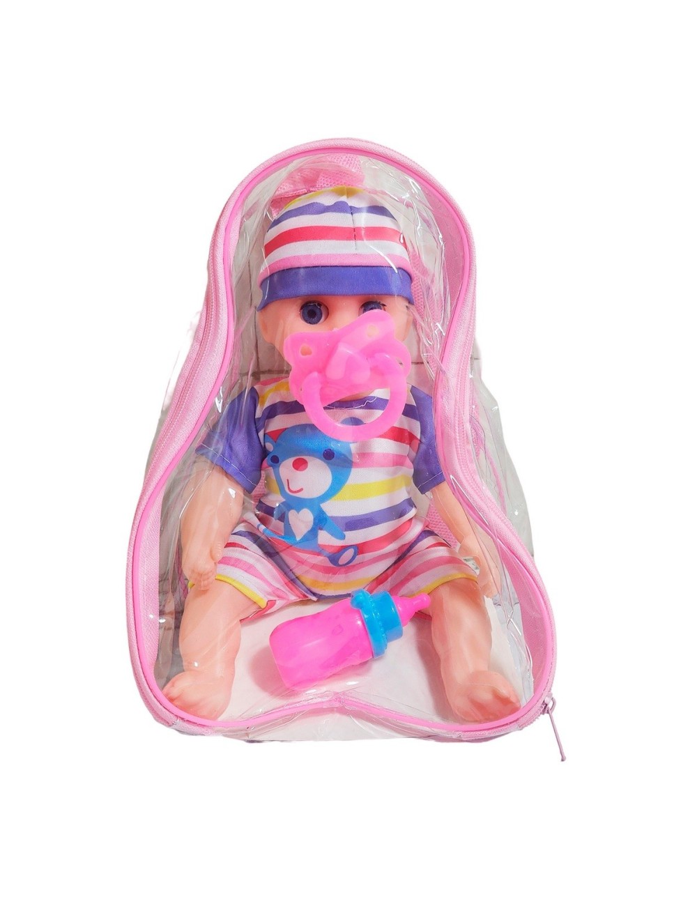 Muñeca Con Vestido Raya Bebe Tetero En Bolso Juguete Niñas