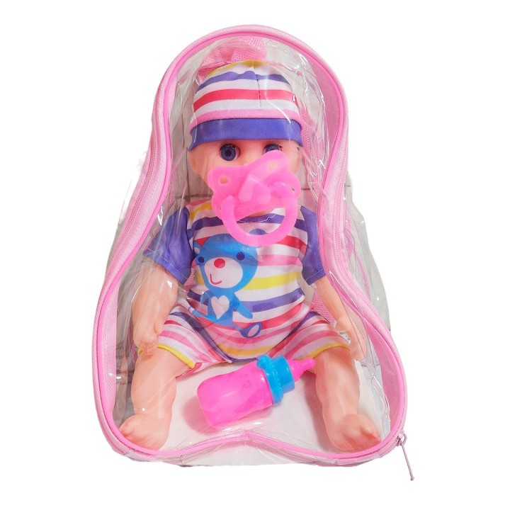 Muñeca Con Vestido Raya Bebe Tetero En Bolso Juguete Niñas