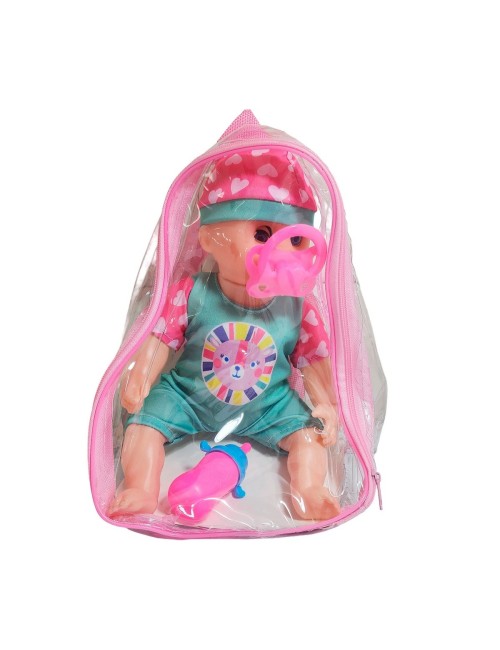 Muñeca Con Vestido Raya Bebe Tetero En Bolso Juguete Niñas