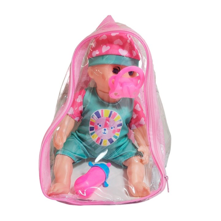 Muñeca Con Vestido Raya Bebe Tetero En Bolso Juguete Niñas