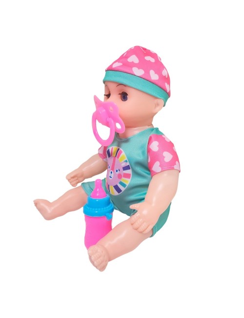 Muñeca Con Vestido Raya Bebe Tetero En Bolso Juguete Niñas