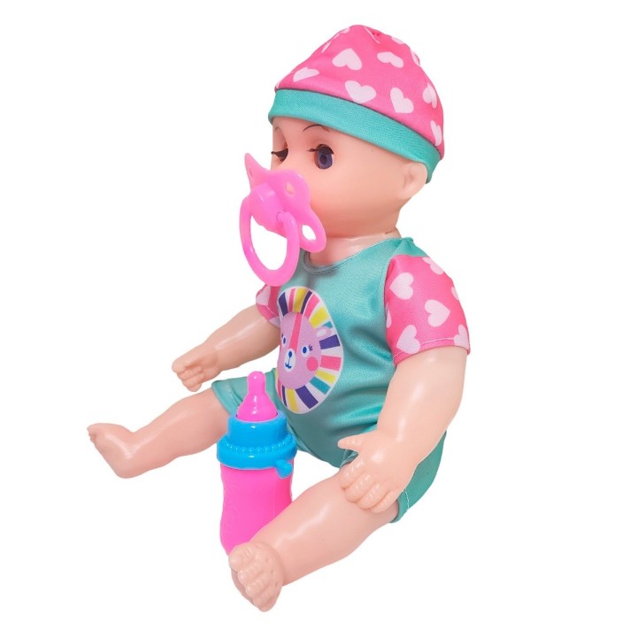 Muñeca Con Vestido Raya Bebe Tetero En Bolso Juguete Niñas