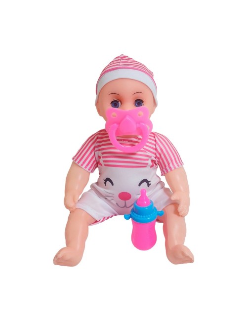 Muñeca Con Vestido Raya Bebe Tetero En Bolso Juguete Niñas