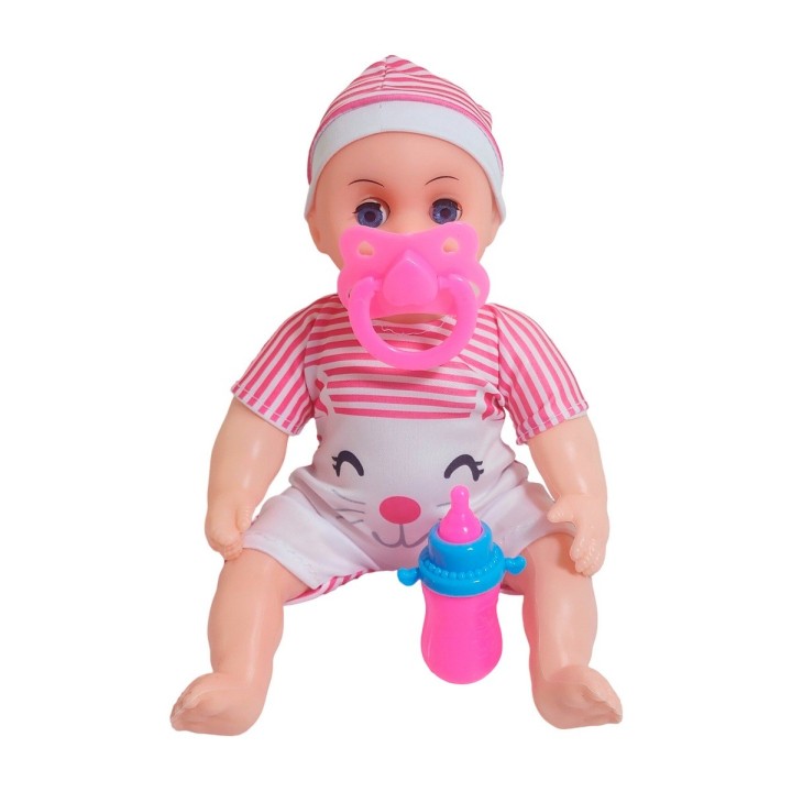 Muñeca Con Vestido Raya Bebe Tetero En Bolso Juguete Niñas