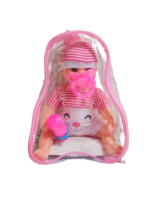 Muñeca Con Vestido Raya Bebe Tetero En Bolso Juguete Niñas