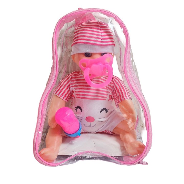 Muñeca Con Vestido Raya Bebe Tetero En Bolso Juguete Niñas