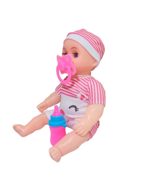 Muñeca Con Vestido Raya Bebe Tetero En Bolso Juguete Niñas