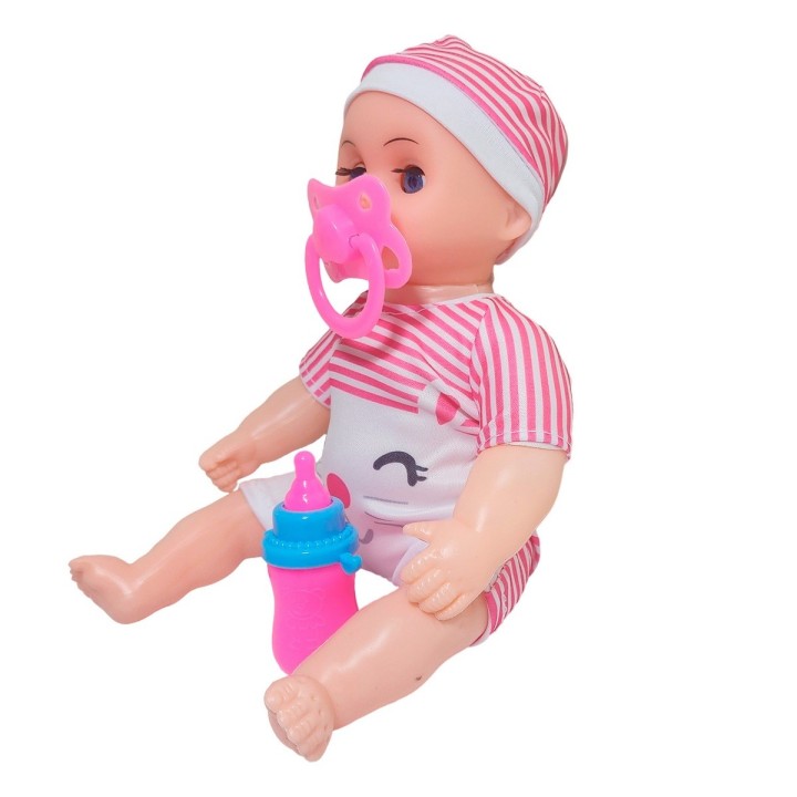 Muñeca Con Vestido Raya Bebe Tetero En Bolso Juguete Niñas
