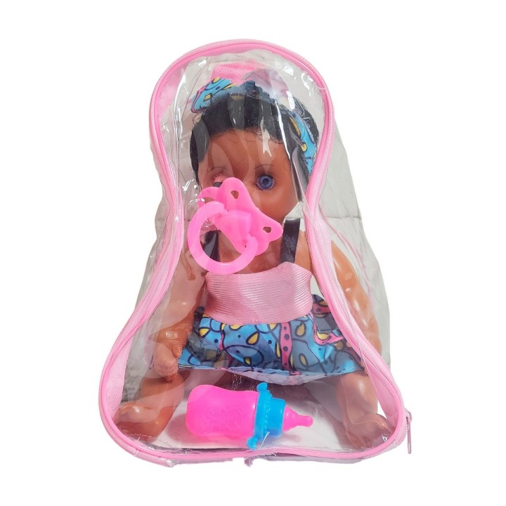 Muñeca Con Vestido Color Bebe Tetero En Bolso Juguete Niñas