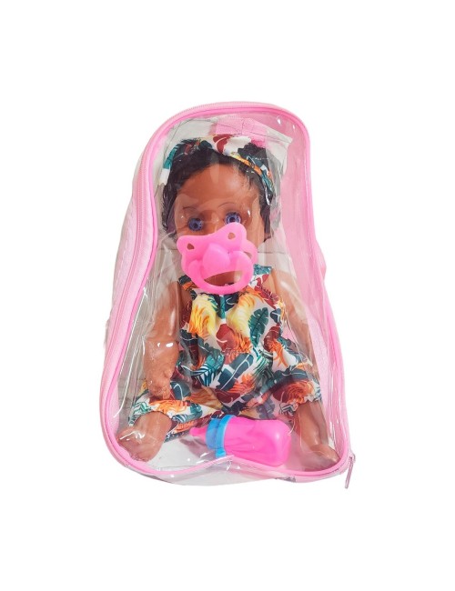 Muñeca Con Vestido Color Bebe Tetero En Bolso Juguete Niñas