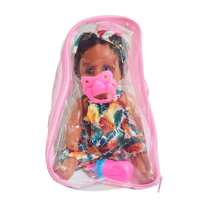 Muñeca Con Vestido Color Bebe Tetero En Bolso Juguete Niñas