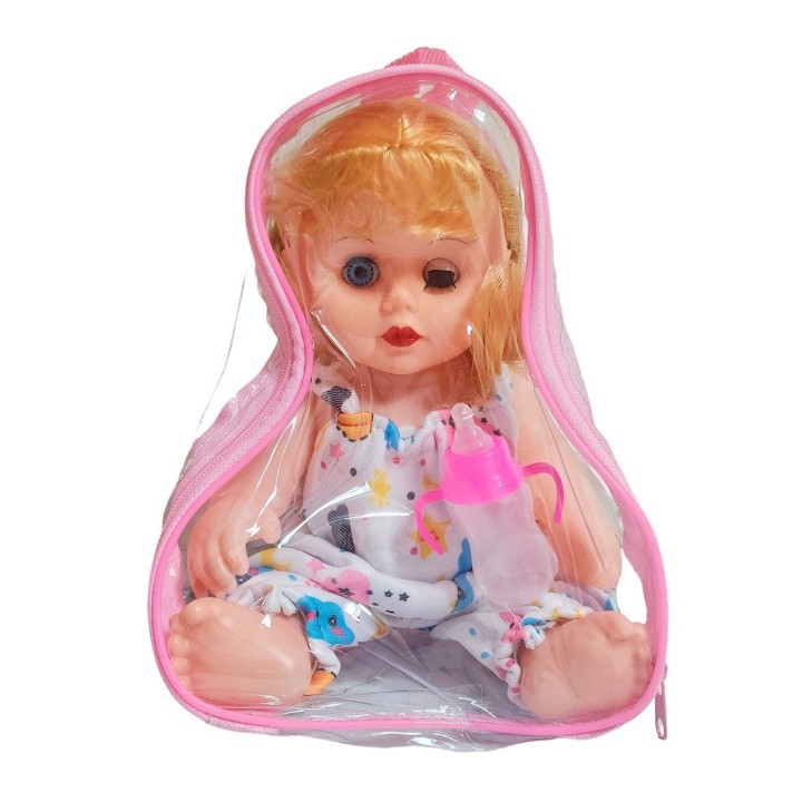 Muñeca Con Vestido Bebe Con Tetero En Bolso Juguete Niñas