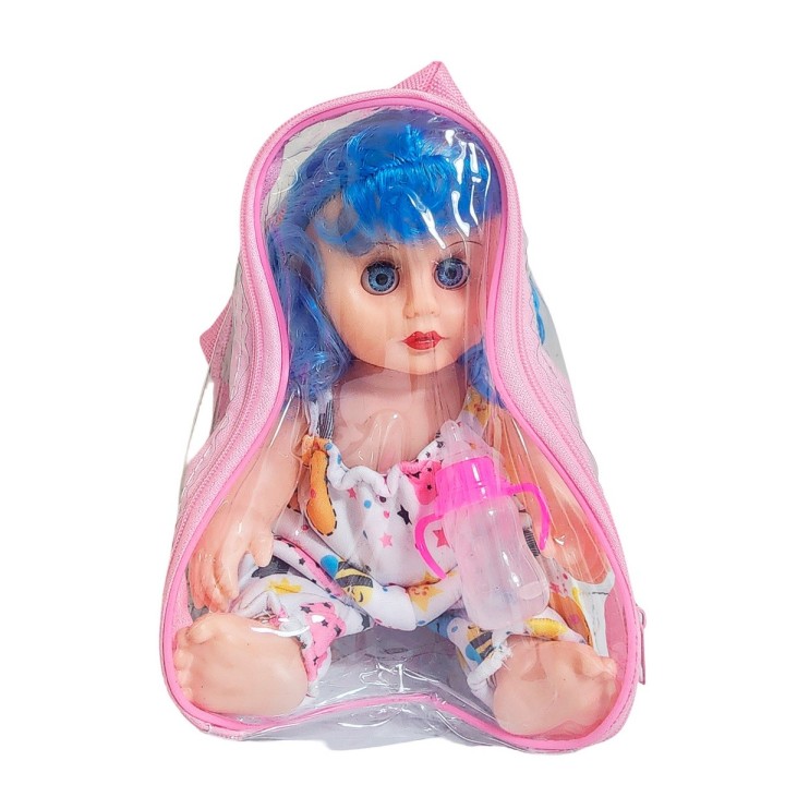 Muñeca Con Vestido Bebe Con Tetero En Bolso Juguete Niñas