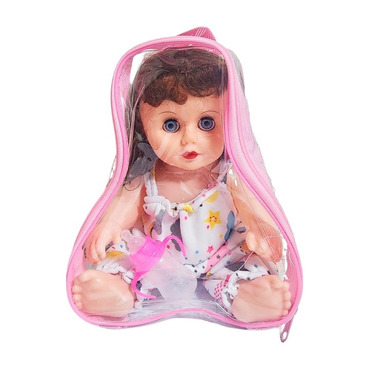 Muñeca Con Vestido Bebe Con Tetero En Bolso Juguete Niñas