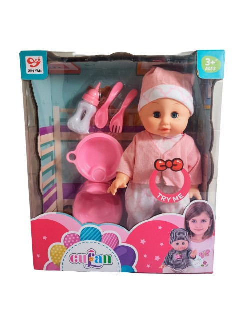 Muñeco Bebe Con Vestido +utencilios Juguete Niña Interactivo