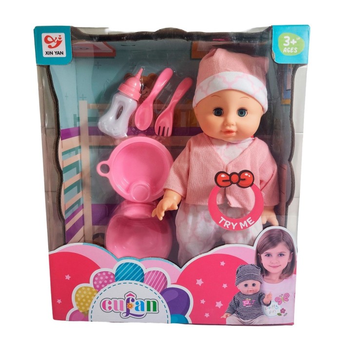 Muñeco Bebe Con Vestido +utencilios Juguete Niña Interactivo