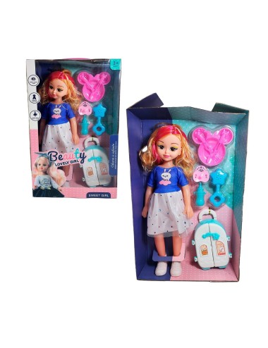 Muñeca Con Vestido Maleta + Accesorios De Juguete Niñas