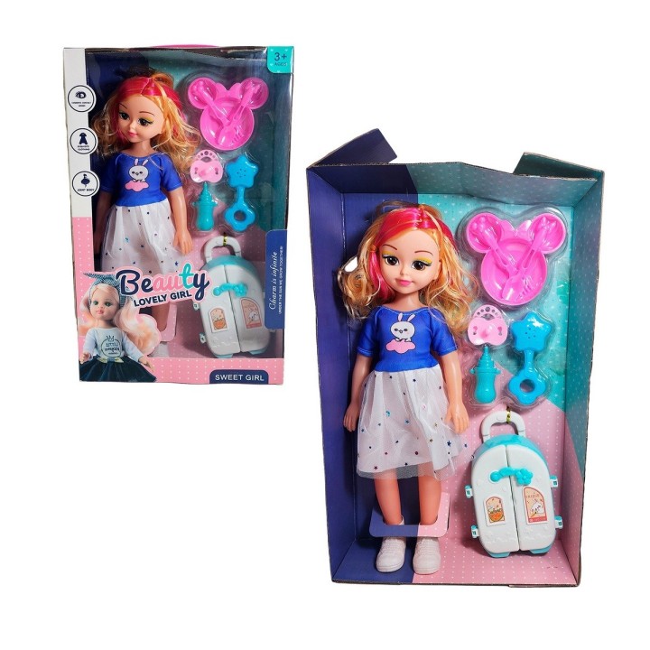 Muñeca Con Vestido Maleta + Accesorios De Juguete Niñas