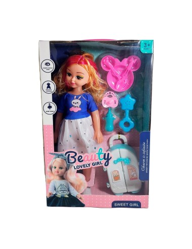Muñeca Con Vestido Maleta + Accesorios De Juguete Niñas