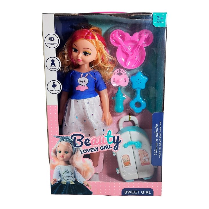 Muñeca Con Vestido Maleta + Accesorios De Juguete Niñas