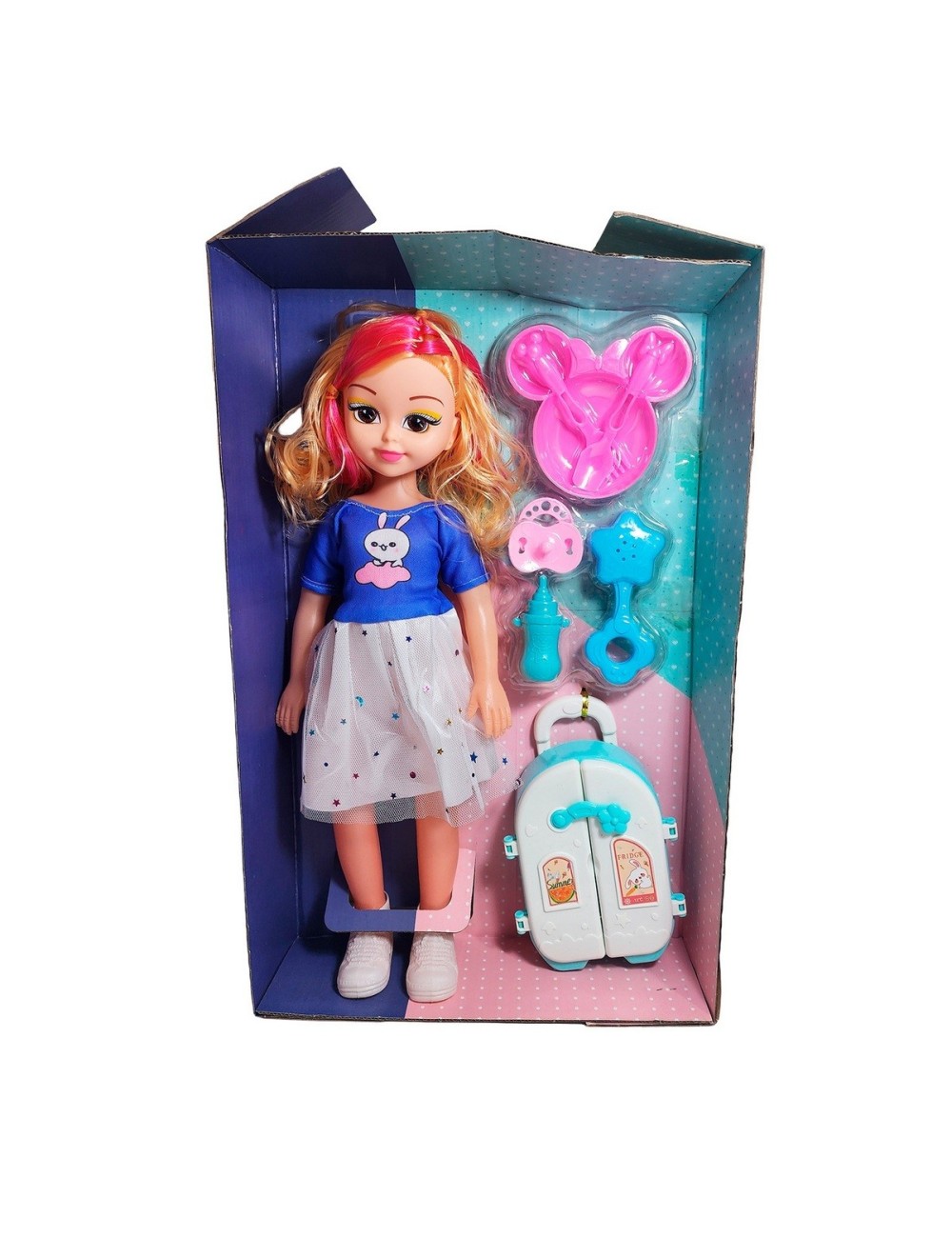 Muñeca Con Vestido Maleta + Accesorios De Juguete Niñas