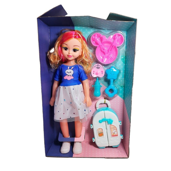 Muñeca Con Vestido Maleta + Accesorios De Juguete Niñas