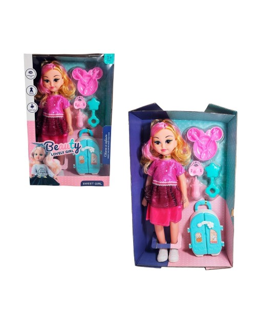 Muñeca Con Vestido Maleta + Accesorios De Juguete Niñas