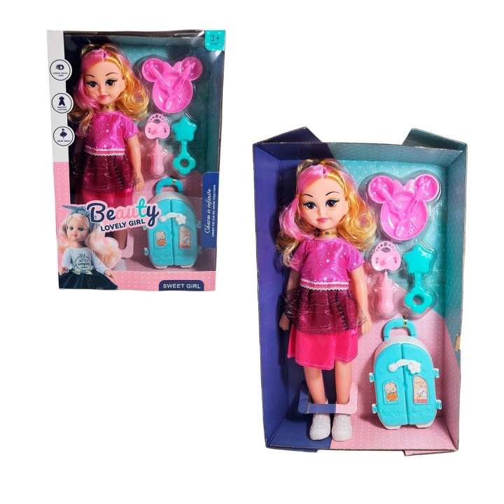 Muñeca Con Vestido Maleta + Accesorios De Juguete Niñas