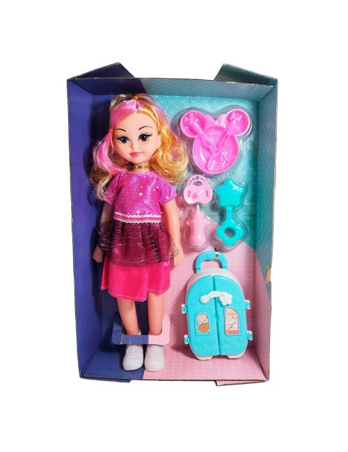 Muñeca Con Vestido Maleta + Accesorios De Juguete Niñas