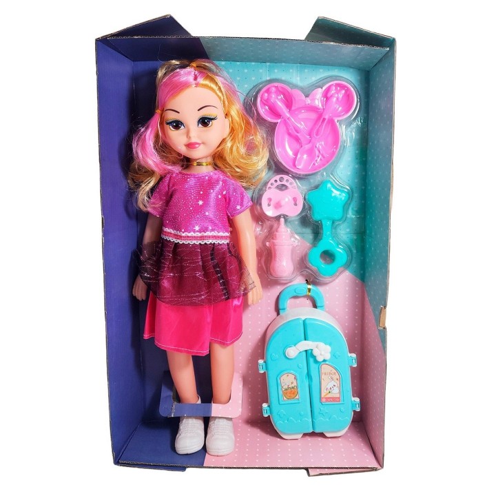 Muñeca Con Vestido Maleta + Accesorios De Juguete Niñas
