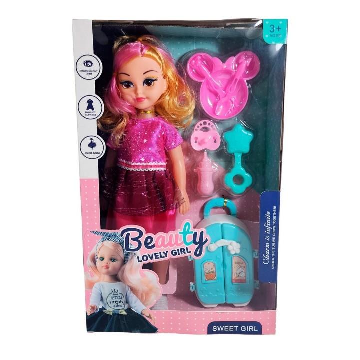 Muñeca Con Vestido Maleta + Accesorios De Juguete Niñas