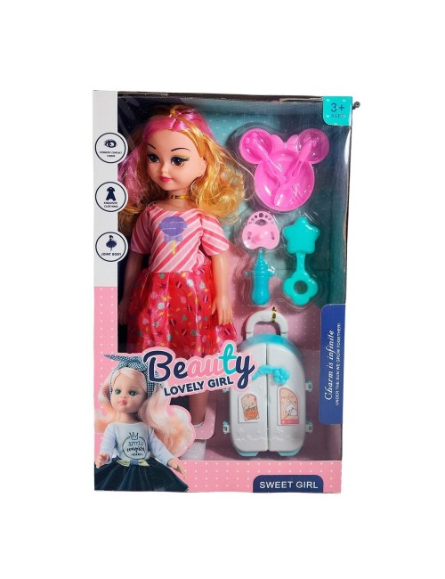 Muñeca Con Vestido Maleta + Accesorios De Juguete Niñas