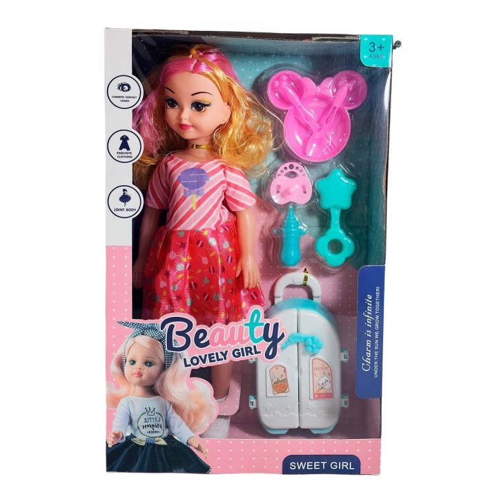 Muñeca Con Vestido Maleta + Accesorios De Juguete Niñas