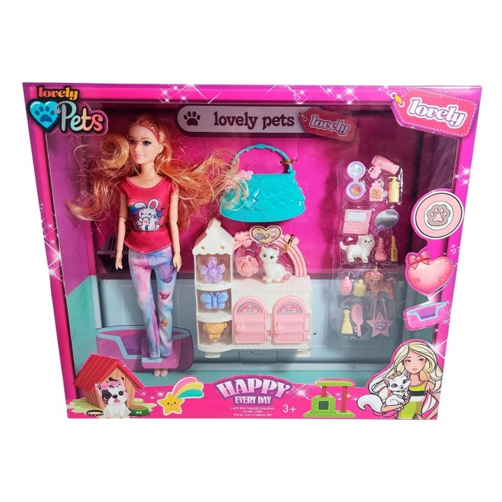 Muñeca Con Vestido Deportivo +mascotas Y Accesorios Mascotas